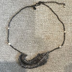 Metal Feather and Faux Pearl Necklace